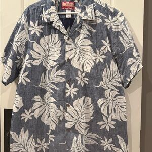 Blue and White Casual Button Down Shirt with Tropical Print